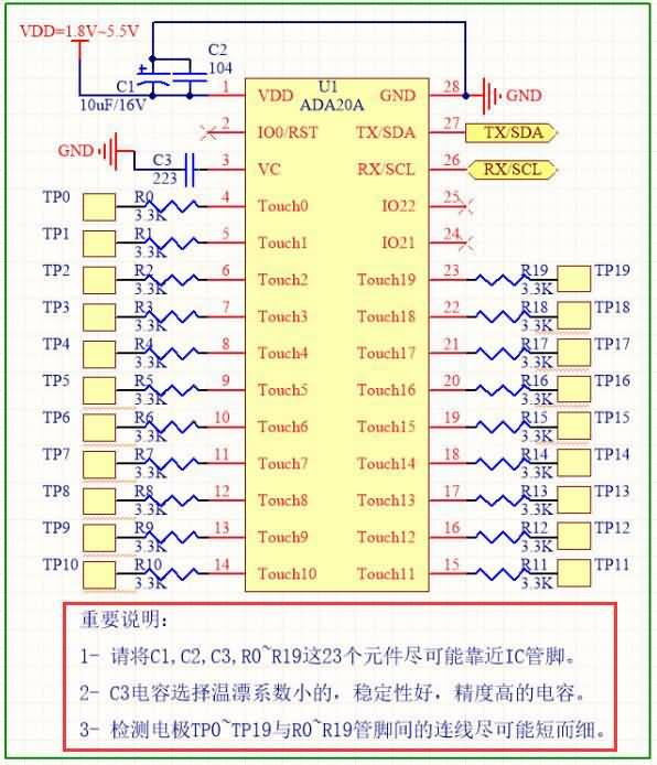 ADA20A触控感应IC-原理图-串口输出 I2C输出-阿达